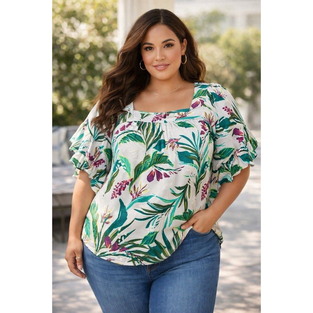 Terra & Sky Shirt Size 2X Plus Tropical Blouse Flowy Lightweight Island Resort